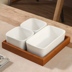 Wood and Porcelain Three-Piece Serving Set
